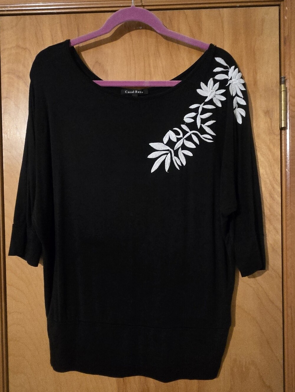 Carol Rose Black Top with White Floral Embroidery Size S